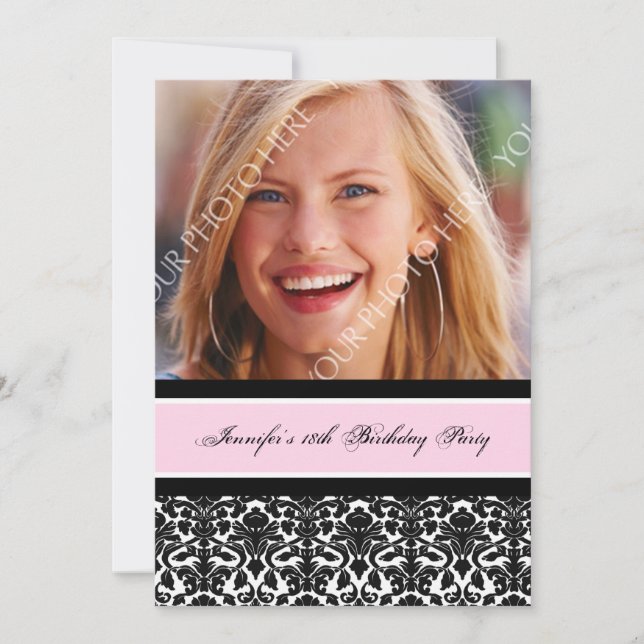Pink Black Photo 18th Birthday Party Invitations (Front)