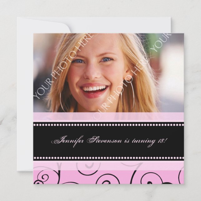 Pink Black Photo 18th Birthday Party Invitations (Front)