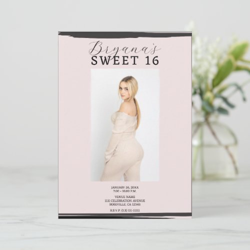 Pink  Black Photo Frame Trendy Modern Sweet 16 Invitation