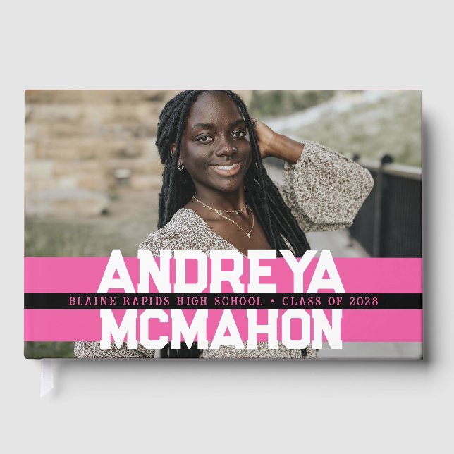 Pink & Black Photo Graduation Personalized Guest Book (Front)