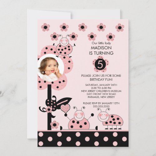 Pink  Black PHOTO Ladybug Birthday Invitation
