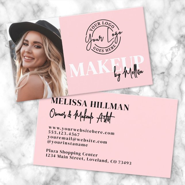 Pink Black Photo Logo Makeup Business Card (Pink Black Script Photo Logo Makeup Business Card )
