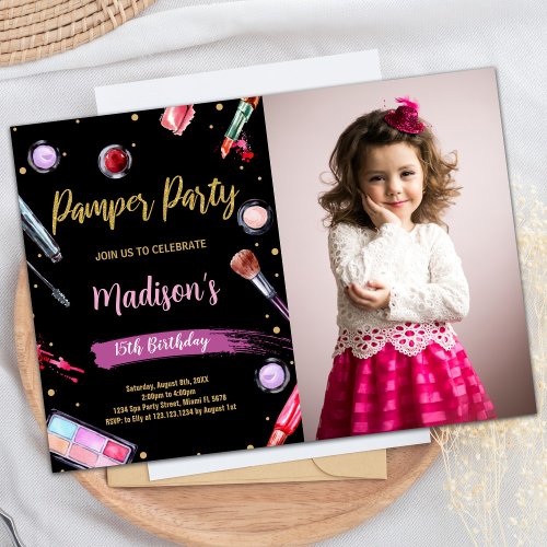 Pink Black Photo Pamper Party Birthday Invitations