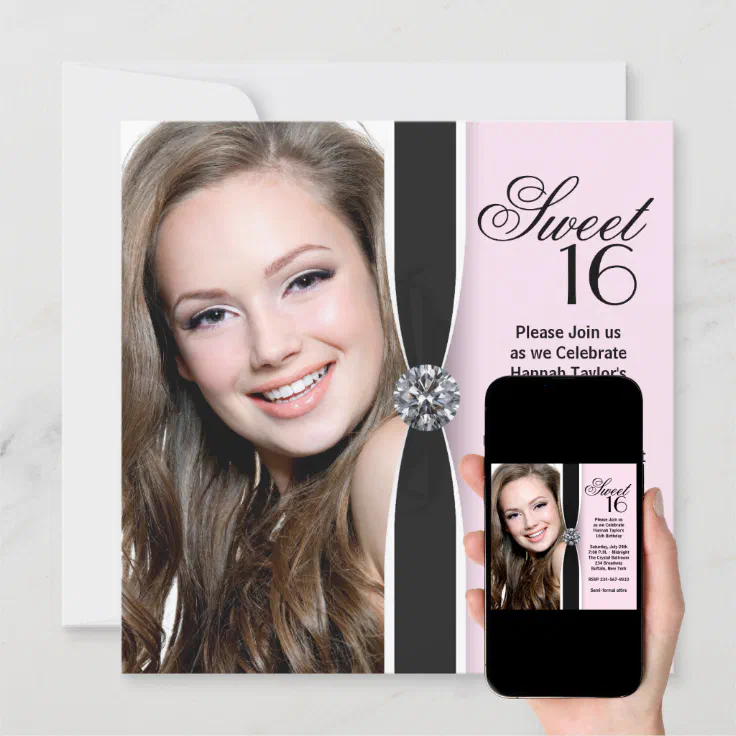 Pink Black Photo Sweet 16 Birthday Party Invitation Zazzle