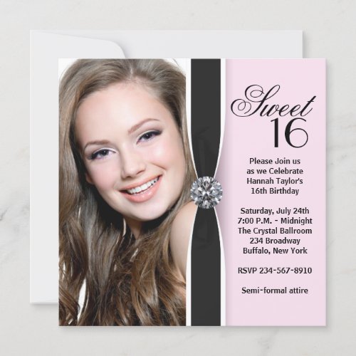Pink Black Photo Sweet 16 Birthday Party Personalized Invitations