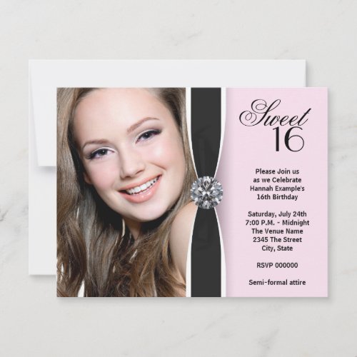 Pink Black Photo Sweet 16 Birthday Party Custom Invitation