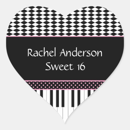 Pink Black Piano Theme Sweet 16 Birthday Heart Sticker