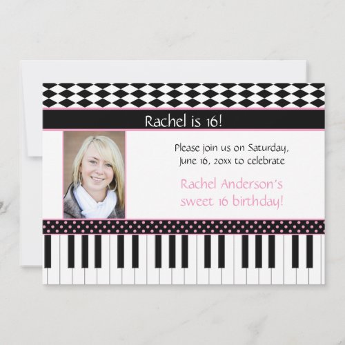 Pink Black Piano Theme Sweet 16 Birthday Invitation