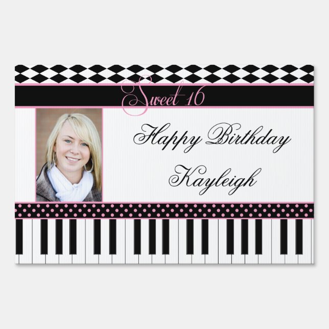 Pink Black Piano Theme Sweet 16 Yard Sign (Front)