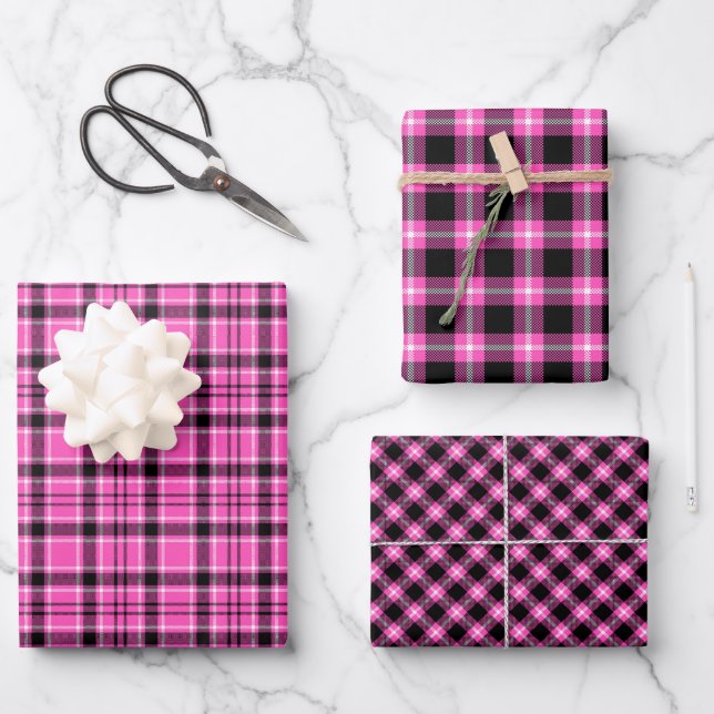 Pink & Black Plaid Christmas Wrapping Paper (Front)