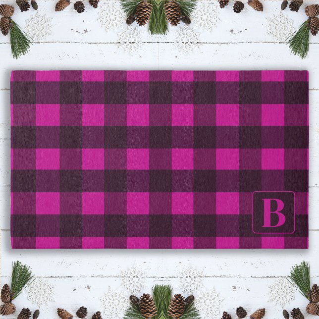 Pink Black Plaid Personalized Monogram Outdoor Rug (Creator Uploaded)