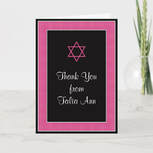 Pink Black Polka Dot Bat Mitzvah Thank You Card (Front)