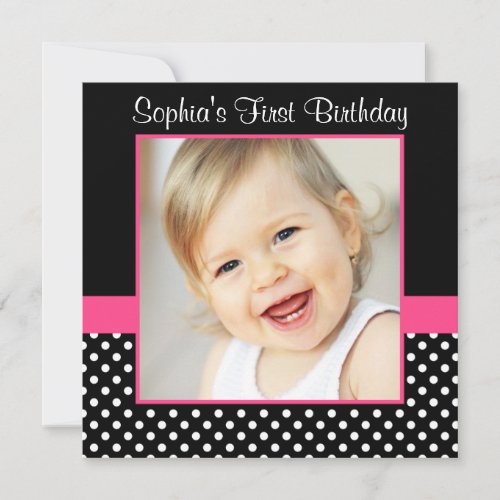 Pink Black Polka Dot Girl Photo 1st Birthday Party Custom Invitation