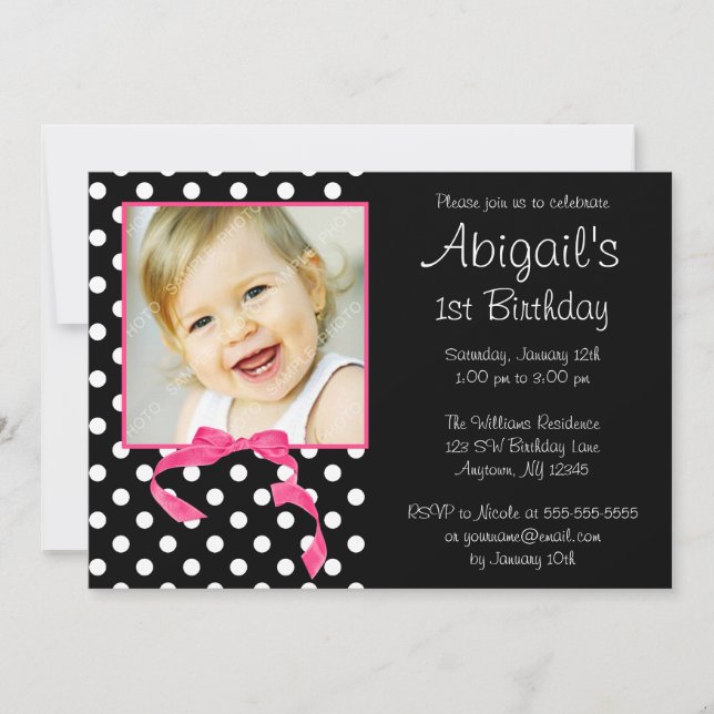 Pink Black Polka Dot Girl Photo 1st Birthday Party Invitation (Front)
