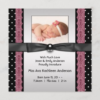 Pink Black Polka Dot Girl Photo Birth Announcement by BabyCentral at Zazzle