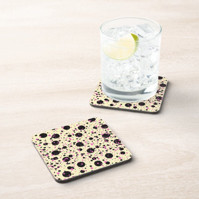 Pink & Black Polka Dot Glam Pattern Beverage Coaster (Right Side)
