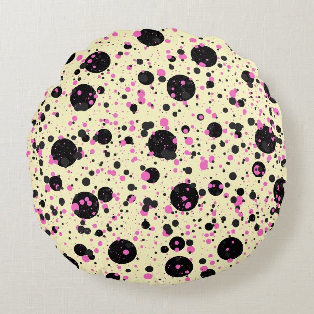 Pink & Black Polka Dot Glam Pattern Round Pillow (Front)