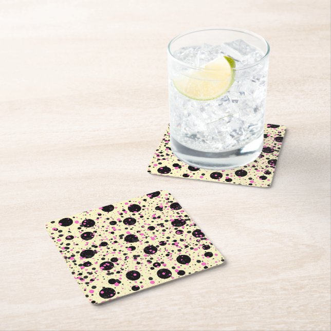 Pink & Black Polka Dot Glam Pattern Square Paper Coaster (Insitu)