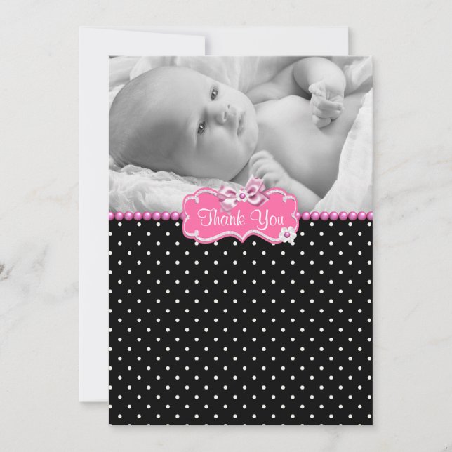 Pink Black Polka Dot Photo Baby Thank You Card (Front)