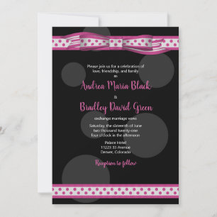 Pink Black Polka Dot Ribbon Wedding Invitation