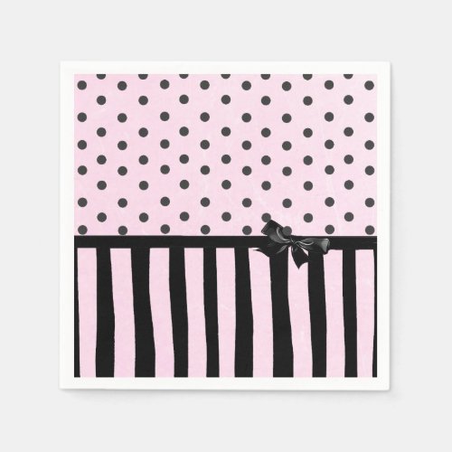 Pink  Black Polka Dot Striped Party Paper Napkins