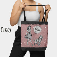 Pink Black Polka Dot Woman Poodle Monogram Initial
