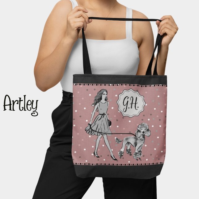 Pink Black Polka Dot Woman Poodle Monogram Initial Tote Bag (Creator Uploaded)