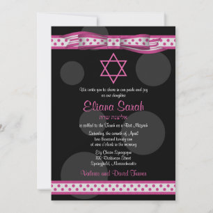 Pink Black Polka Dots Bow Bat Mitzvah Invitation