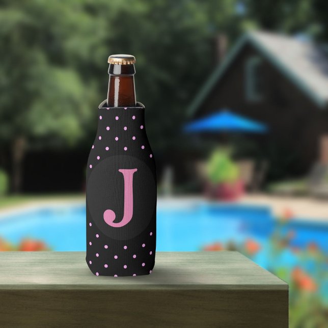 PINK BLACK POLKA DOTS CUSTOM INITIAL BOTTLE COOLER (Creator Uploaded)