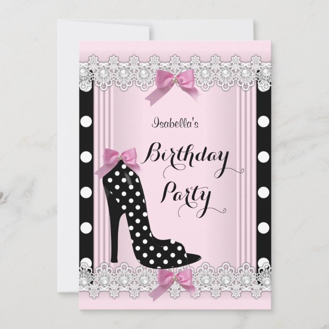 Pink Black Polka Dots High Heel Birthday Party Invitation (Front)