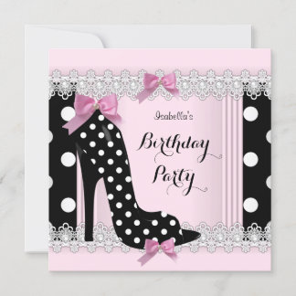 Pink Black Polka Dots High Heel Birthday Party Invitation