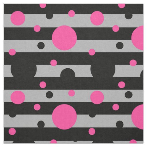 Pink Black Polka Dots On Black Grey Stripes Fabric