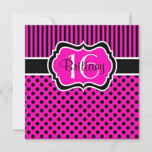 Pink, Black Polka Dots Sixteenth Birthday Invite