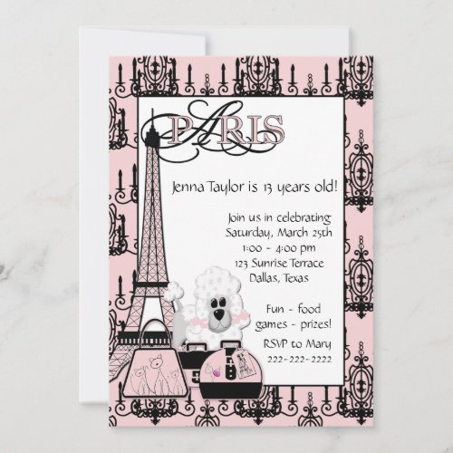 Pink Black Poodle Paris Girls Birthday Party Personalized Invite