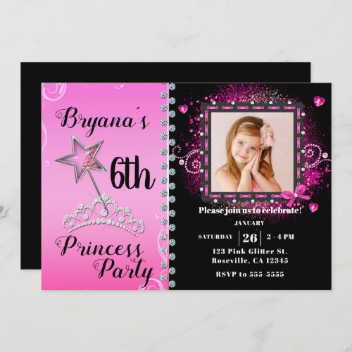 Pink  Black Princess Birthday Party Photo Invitation