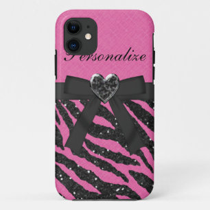 Pink & Black Printed Zebra Glitter & Bow iPhone 11 Case