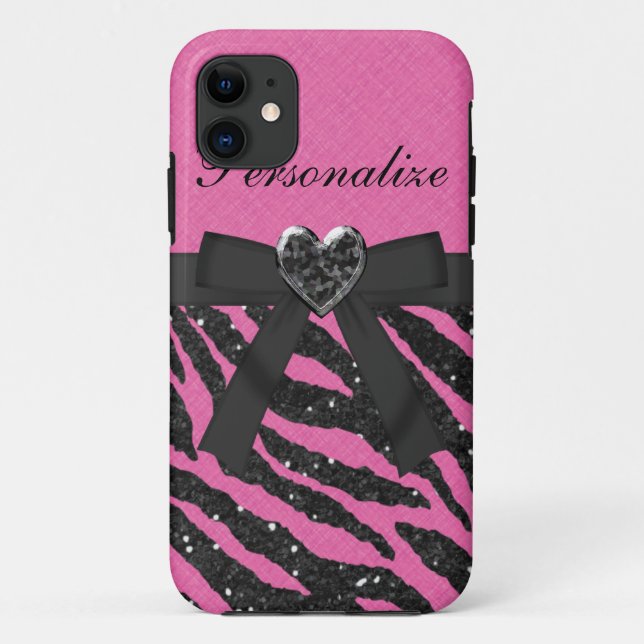 Pink & Black Printed Zebra Glitter & Bow Case-Mate iPhone Case (Back)