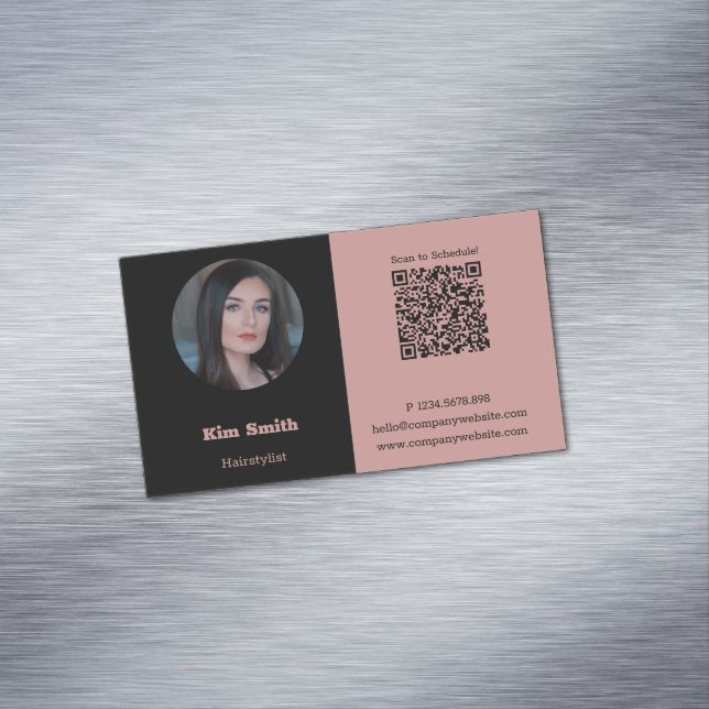 Pink & Black Profile Photo QR Code Business Card Magnet (In Situ)