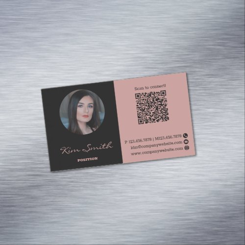 Pink  Black Profile Photo QR Code Business Card Magnet