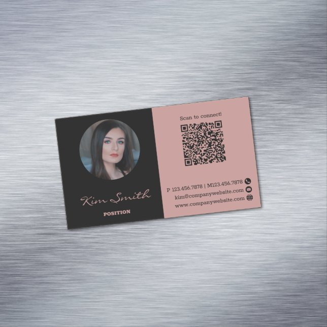 Pink & Black Profile Photo QR Code Business Card Magnet (In Situ)