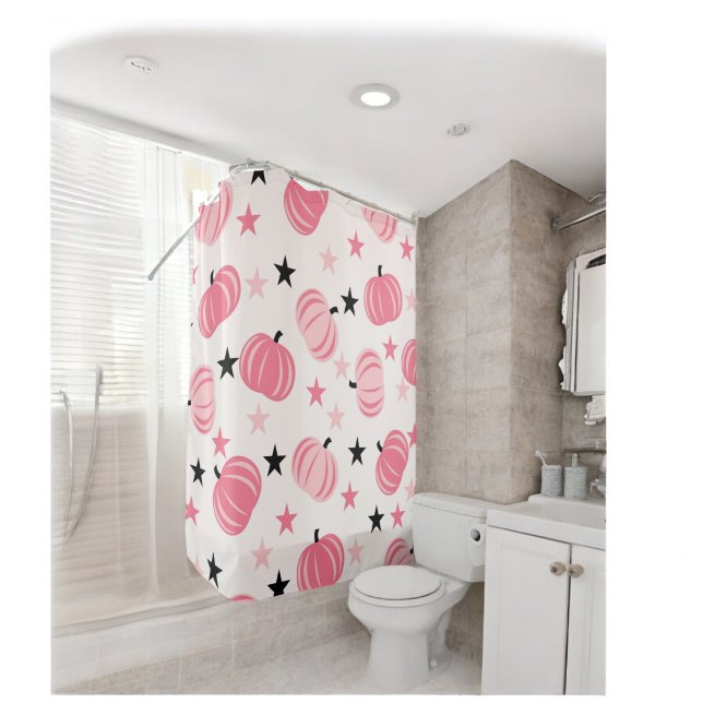 Pink & Black Pumpkin with Stars Halloween & Autumn Shower Curtain (Creator Uploaded)