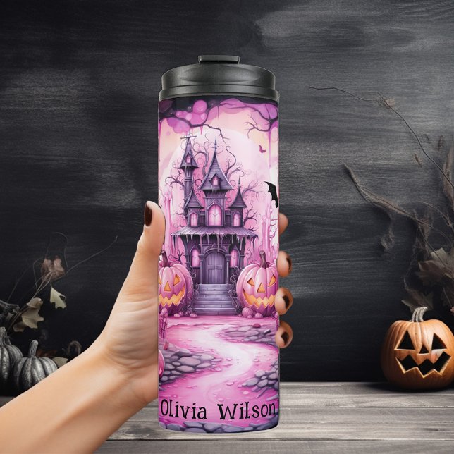 Pink  Black, Pumpkins, Haunted House Personalized Thermal Tumbler (Creator Uploaded)