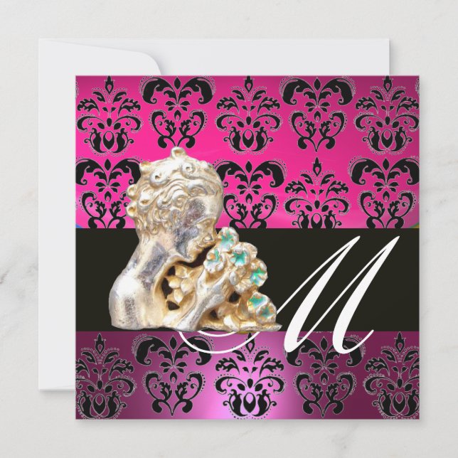 PINK, BLACK, PURPLE,DAMASK JEWEL MONOGRAM  fuchsia Invitation (Front)