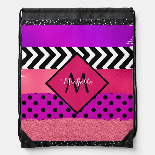 Pink Black Purple Glitter Brush Stroke Monogrammed Drawstring Bag (Front)