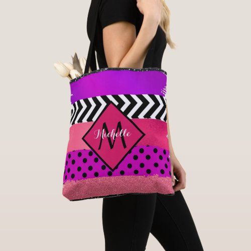 Pink Black Purple Glitter Brush Stroke Monogrammed Tote Bag