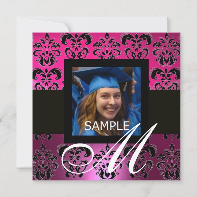 PINK BLACK PURPLE GRADUATION DAMASK  MONOGRAM INVITATION (Front)
