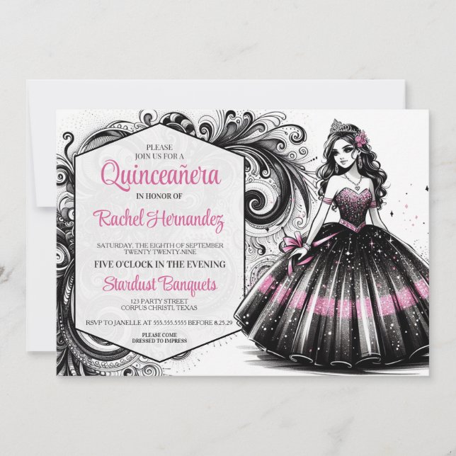 Pink & Black Quinceañera Girl Invitation (Front)
