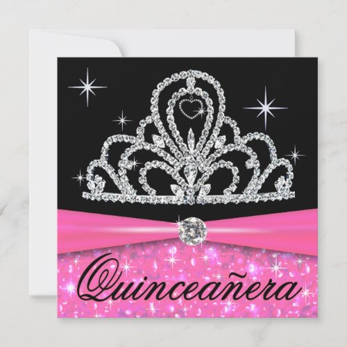 Pink Black Quinceanera Princess Tiara Bling Invitation