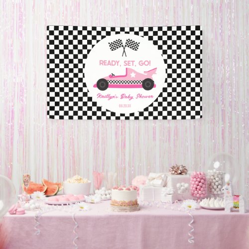 Pink Black Race Car Ready Set Go Baby Shower Banner