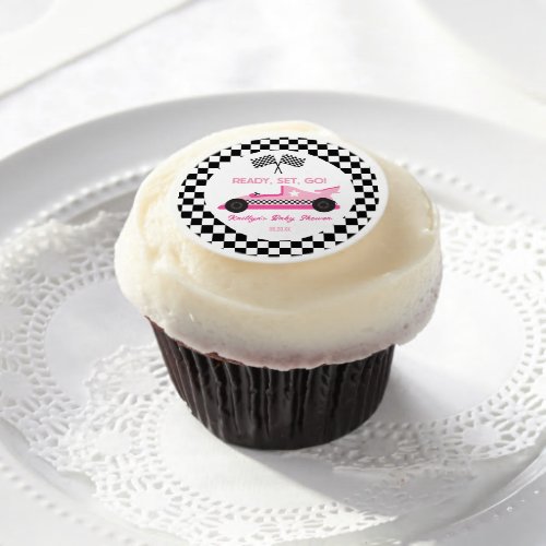 Pink Black Race Car Ready Set Go Baby Shower Edible Frosting Rounds
